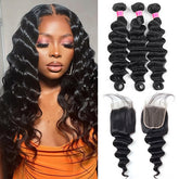 Brazilian Loose Deep Wave Virgin Human Hair 3 Bundles with 4x4 Lace Closure